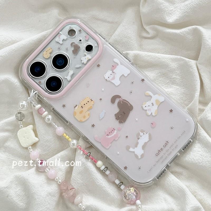 Cute Cartoon Cat Phone Case With Wrist Strap IPhone 17 Pro Max 16 15 14 13 12 Full Coverage Shockproof Silicone Cover