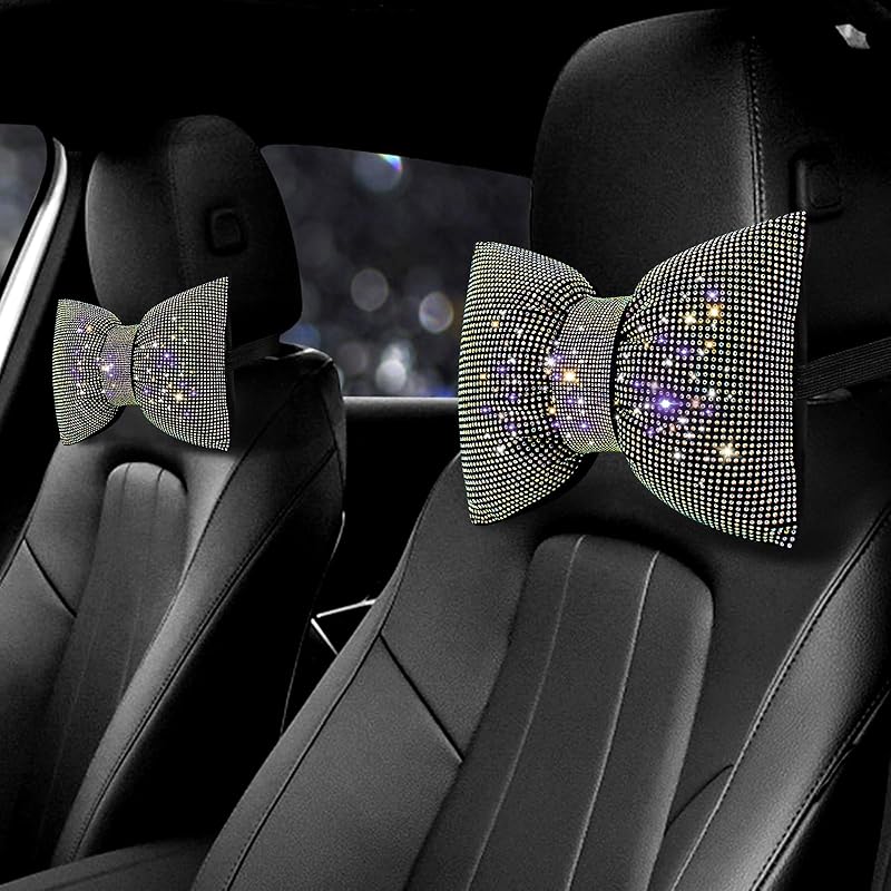 Surpassme 2PCS Rhinestone Car Headrest Neck Pillow For Driving With Bling Bling Crystal Bow Pillow Car Accessories For Women (Silver/White)