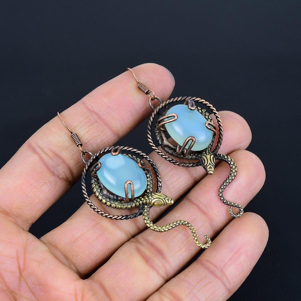 Blue Chalcedony 999 Copper Wire Wrapped Earrings, Handmade Gemstone Earrings Jewelry, Gifts For Wife Brand New Earrings