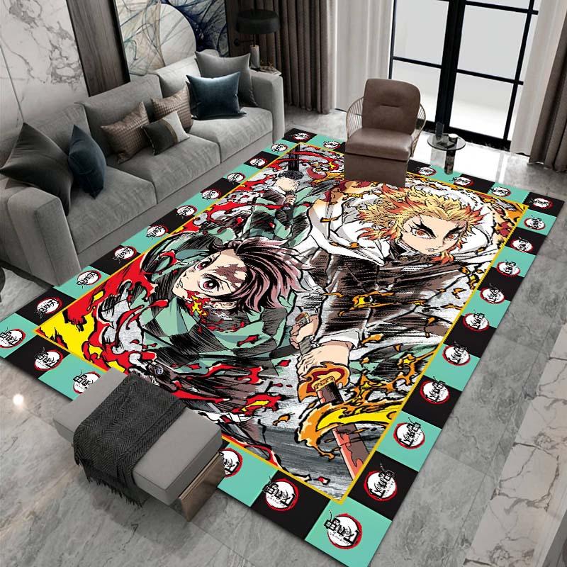 Cute cartoon Kimetsu no Yaiba rug, suitable for playrooms, bedrooms, living rooms, sofas, and other home décor; non-slip rug for