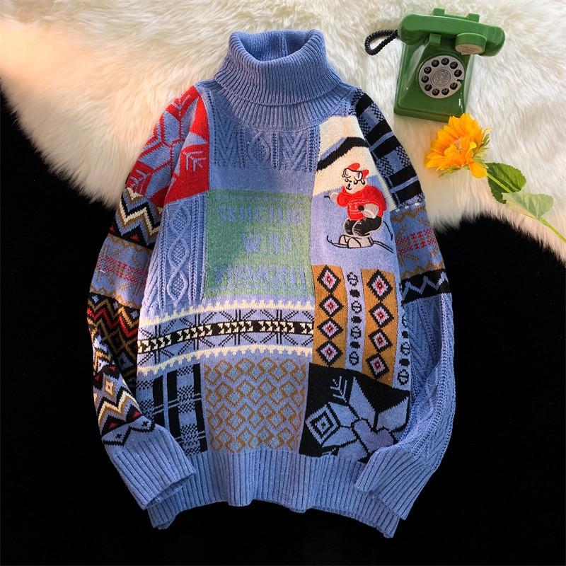 Unisex Vintage High Neck Knit Sweater Loose Fit Retro Pullover Winter Daily Wear