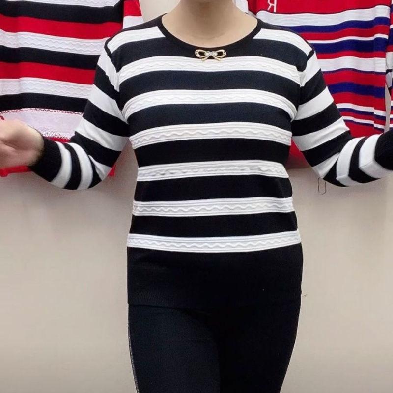 Striped Bottoming Knitted Horizontal Shirt Womens Middleaged Plus Size Stretch Thin Sweater Fashion Tshirt