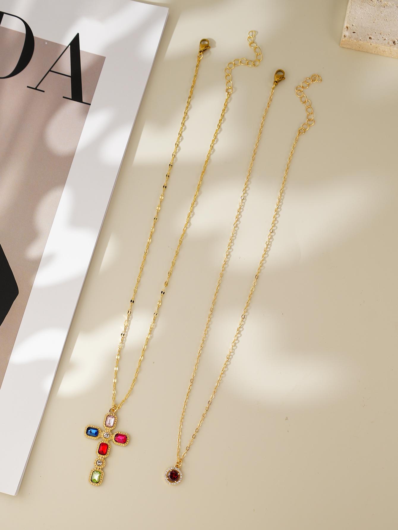 2pcs Elegant Women s Colored Synthetic Zircon Inlaid Cross Pendant Party Daily Jewelry