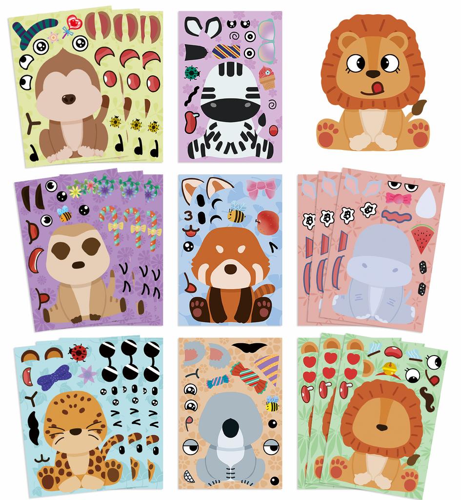 8Sheets Children DIY Puzzle Sticker Games Animals Make A Face Assemble Jigsaw Stickers Kids Educational Toys