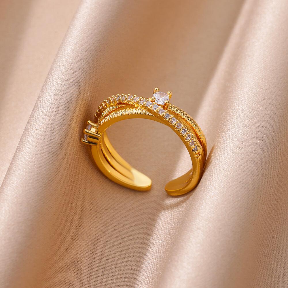 18K Gold Plated Open Ring with Zirconia Leaf Design - Luxurious, Non-Fading, Ideal for Women