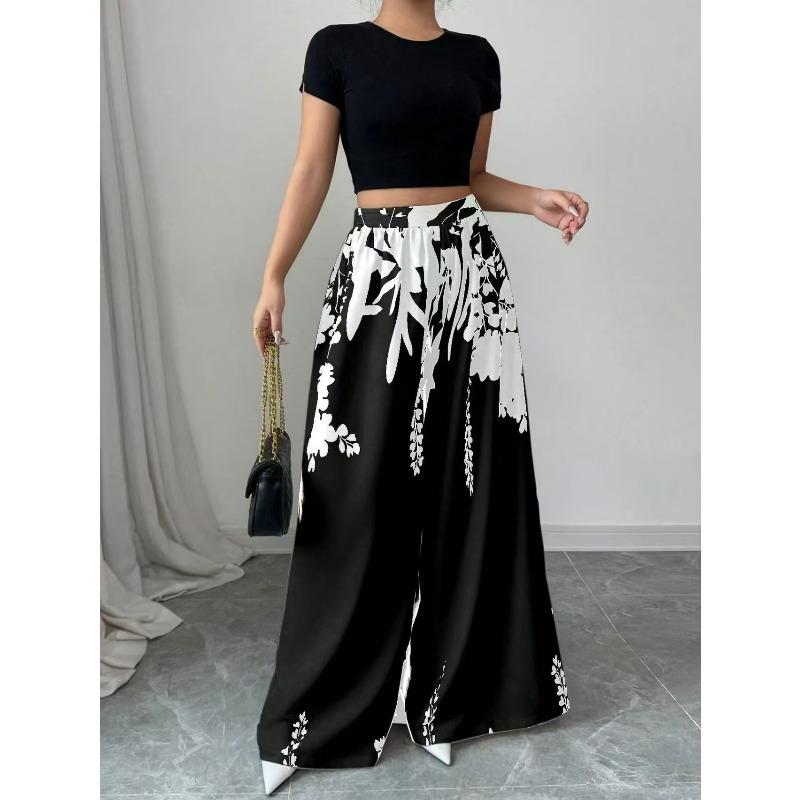 

women s Black White Leaf Print Elastic High Waist Wide Leg Loose Casual Long Pants 3XL чорний