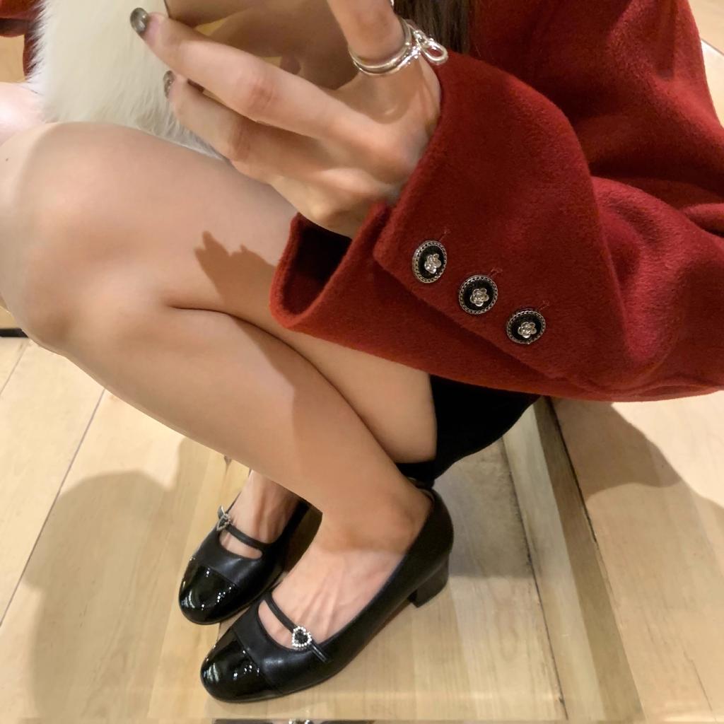 Sheepskin Version~ Color Matching Small Love Diamond Buckle Belt Leather Shoes Thick Heel Mary Jane Shoes Women's Single Shoes Commuting