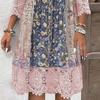 Bohemian Vacation Dress Floral Print Lace Patchwork V Neck Three Quarter Sleeves Loose Knee Length Midi Dress Retro Hollow Out Buttons Women