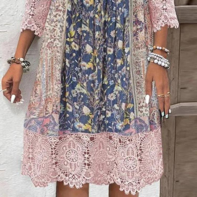 Bohemian Vacation Dress Floral Print Lace Patchwork V Neck Three Quarter Sleeves Loose Knee Length Midi Dress Retro Hollow Out Buttons Women