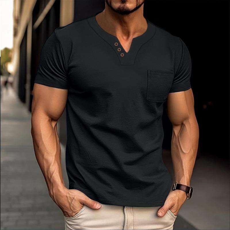 Mens V Neck Short Sleeve Solid Color Loose Fit T Shirt