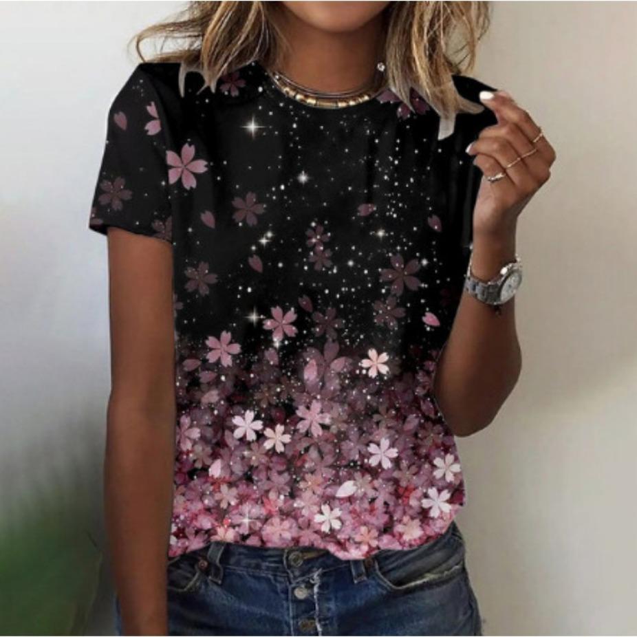 Summer Round Neck 3D Colorful Butterfly on Black Background Print Top Fashionable Casual Short Sleeved Women's T-shirts