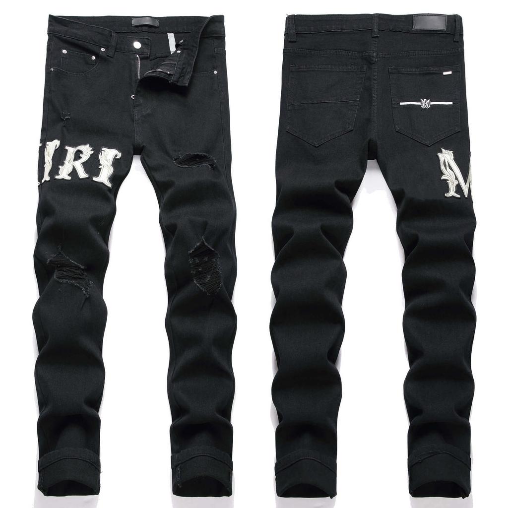 Pantalones vaqueros de moda para jóvenes de Denim Street, con agujeros bordados y elásticos, de pierna pequeña, para hombre