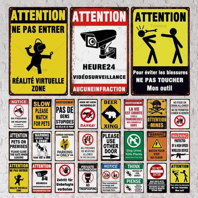 Atenção Aviso Placa de Metal Placa de Lata Retro Placa de Metal Decoração de Parede para Locais Públicos Clube Parkland Caverna Cartaz de Metal
