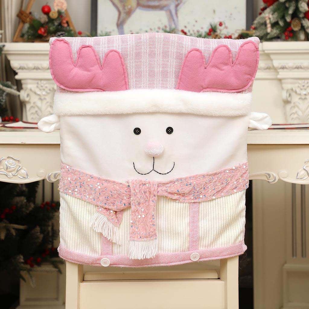 European Style Pink Christmas Chair Cover with Santa Claus Doll - Festive Home & Restaurant Decor