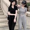 Designed Sweet and Spicy Suit Women's Summer Slimming Irregular V-neck Short-sleeved Casual Wide-leg Pants Two-piece Set