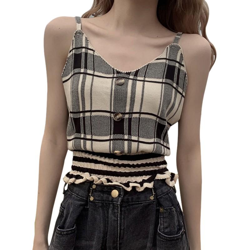 

Женский топ-майка с V-образным вырезом, клетчатый, повседневный жилет без рукавов