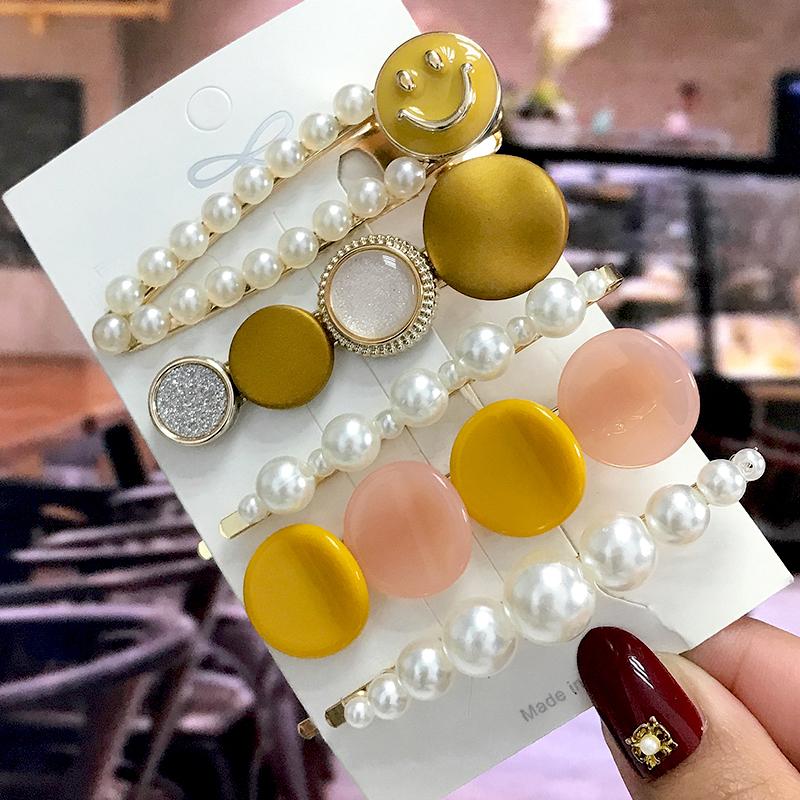 5Pcs/Set Fashion Smiley Pearl Hair Clip For Women Girl Geometric Acetate Barrettes Hairpin Headwear Hair Accessories  Trendy