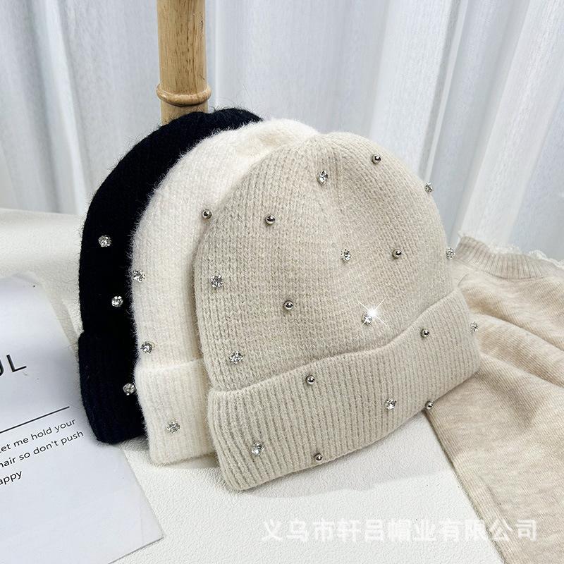 Autumn and winter new plush thickened wool hat women's trendy diamond-encrusted wool cold hat warm knitted hat pullover hat