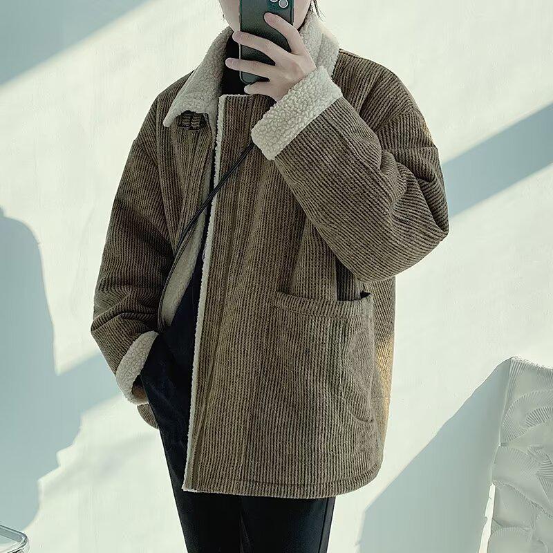 

Men s Lambswool Winter Jacket - American Retro Woolen Coat, Thick Velvet, Cool Street Style with Warm Lapel. L хакі