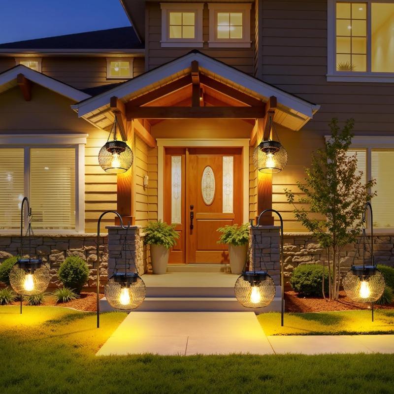 Solar Lanterns Outdoor Waterproof Metal Hanging Lights with Hooks Auto On/Off Warm Lighting for Porch Garden Yard Pathway Patio Landscape Decor