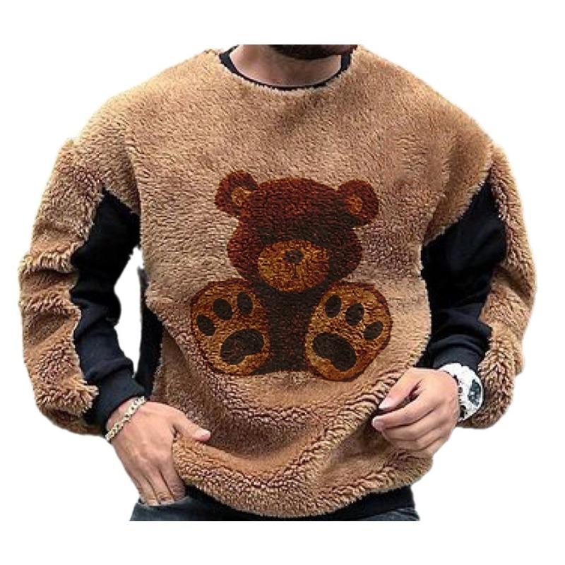 Plus Size Autumn Men's Casual Teddy Print Patchwork Sleeves Plush Sports Sweatshirt