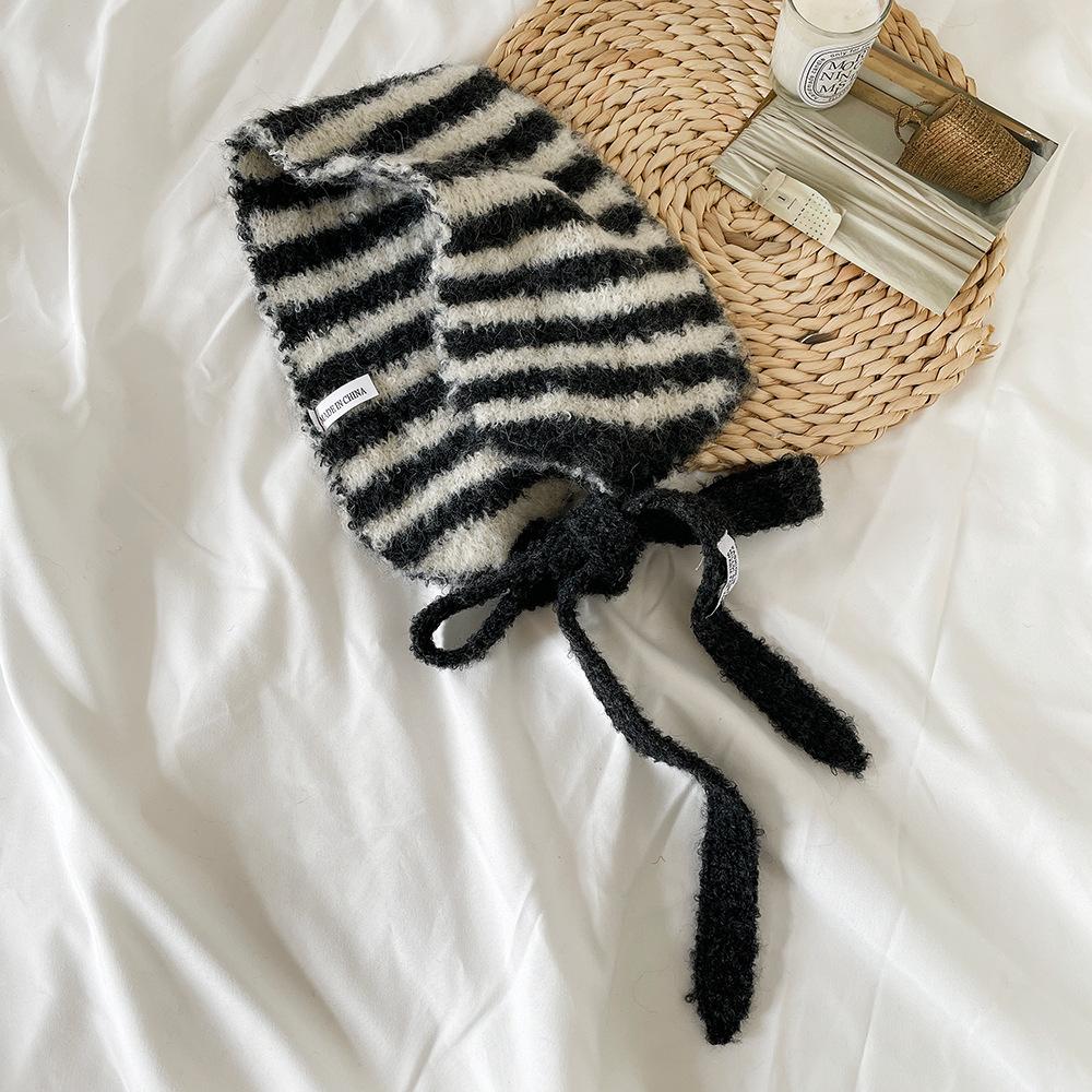 Winter Knitted Wool Small Ear Scarf Women's New High-end Stripes Slack with Scarf