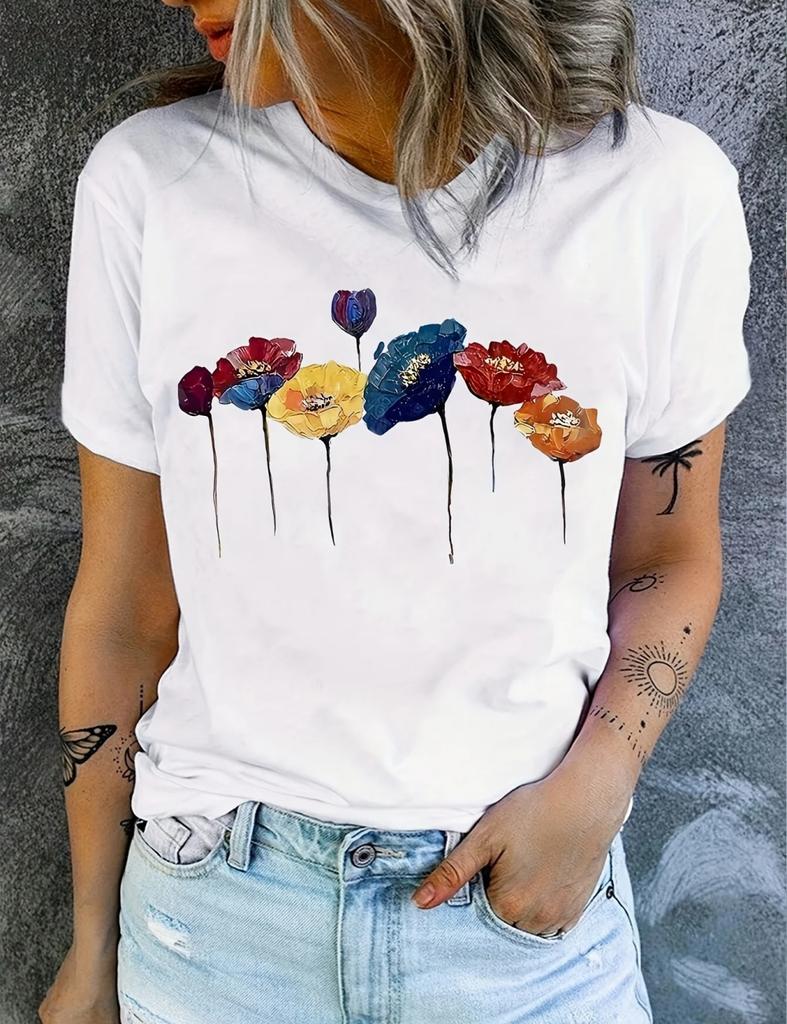2026Watercolor Floral Women's Tee - Colorful Poppy Graphic Artistic Casual Top