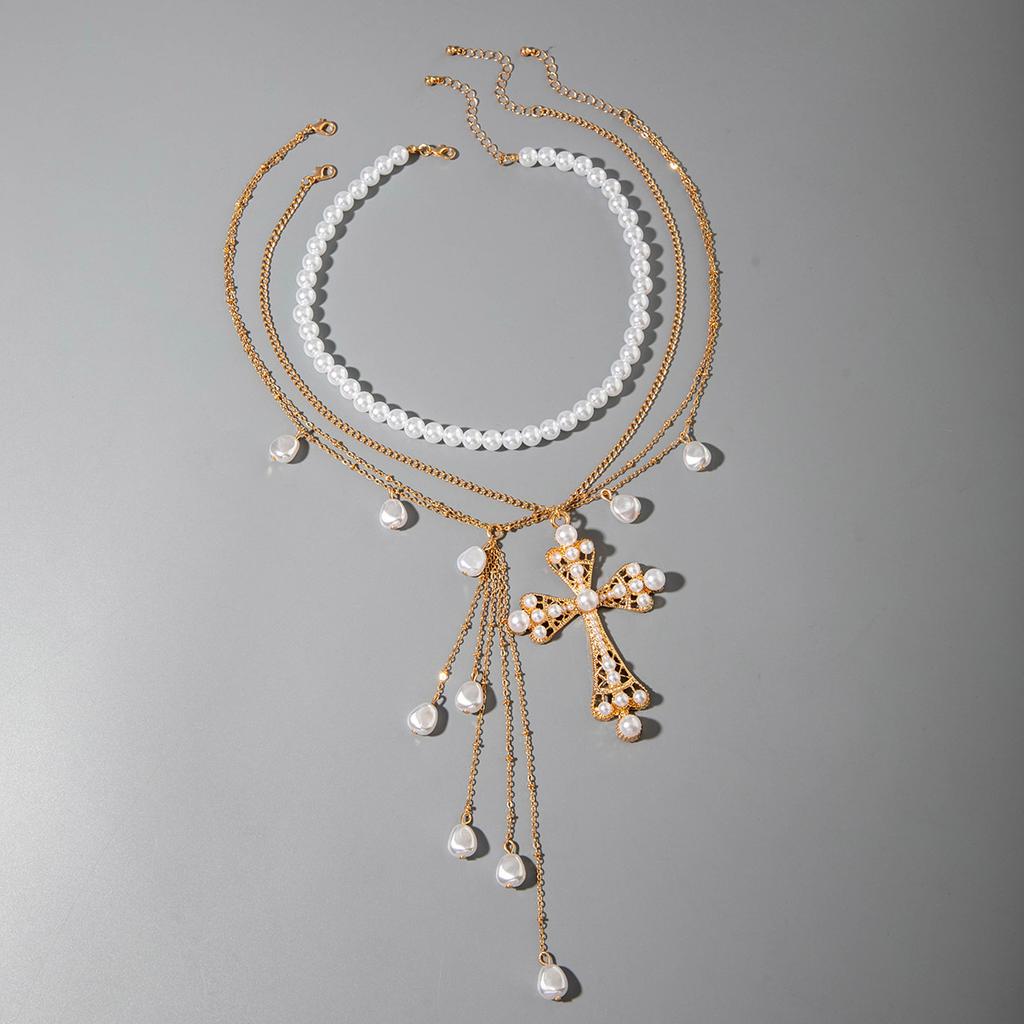 Cyberpunk-stil korshalsband mörkt överdrivet lätt inlagt imiterad pärla flerskiktad staplingssmycke