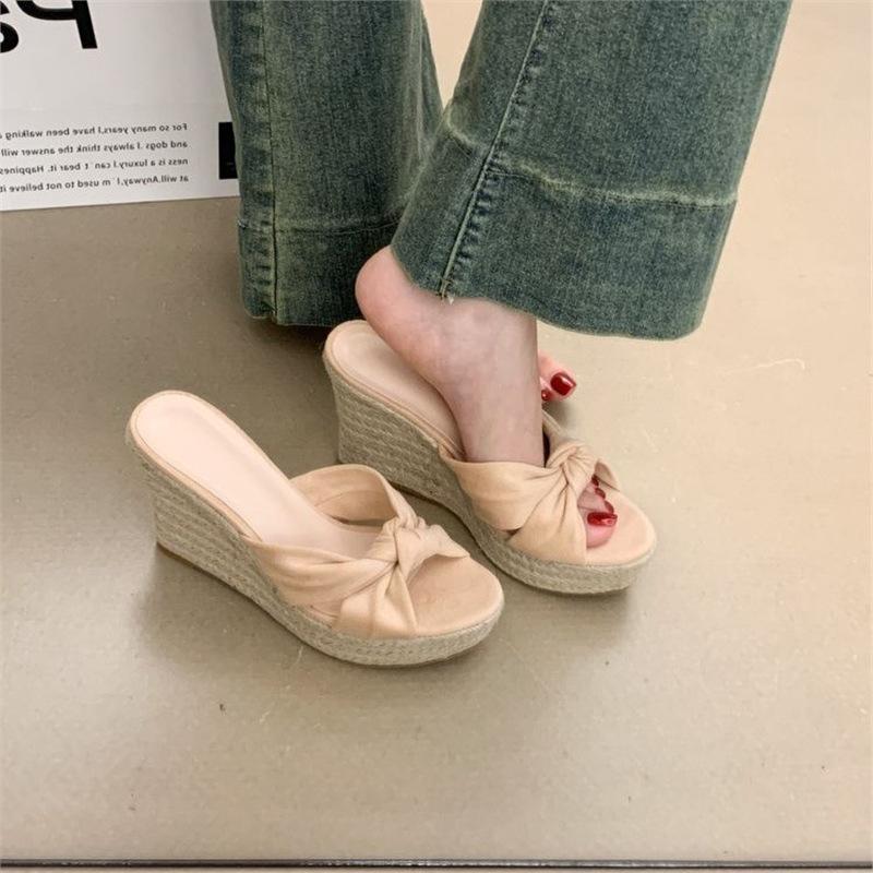 Women Wedge Shoes New Summer Outerwear Slip on Straw One Word Slippers Comfortable Non Slip Breathable Platform Sandals
