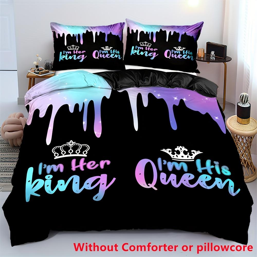 2/3Pcs Crown King & Queen Letter Print Duvet Cover Set (1 Duvet Cover + 1/2 Pillowcase Without Core) Soft Comfortable Couple