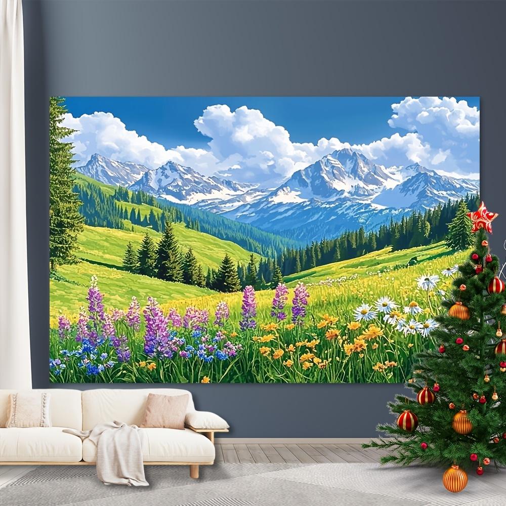 2D Plane, One Vibrant Spring Landscape, Green Grassland, Pine Trees and Forest.