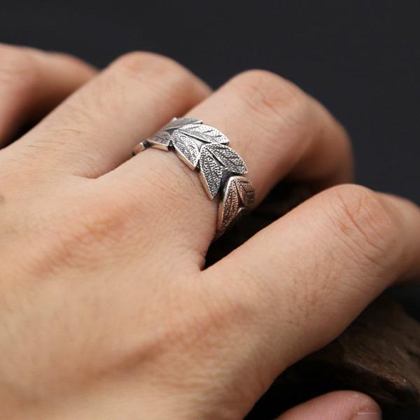 S925 Silver Retro Leaf Pattern Adjustable Men's Trendy Index Finger Ring