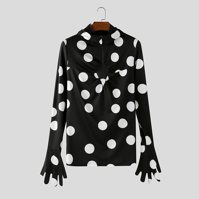 INCERUN Men High Neck Gloves Long Sleeve Polka Dots Twisted Hooded Party Club T-shirts
