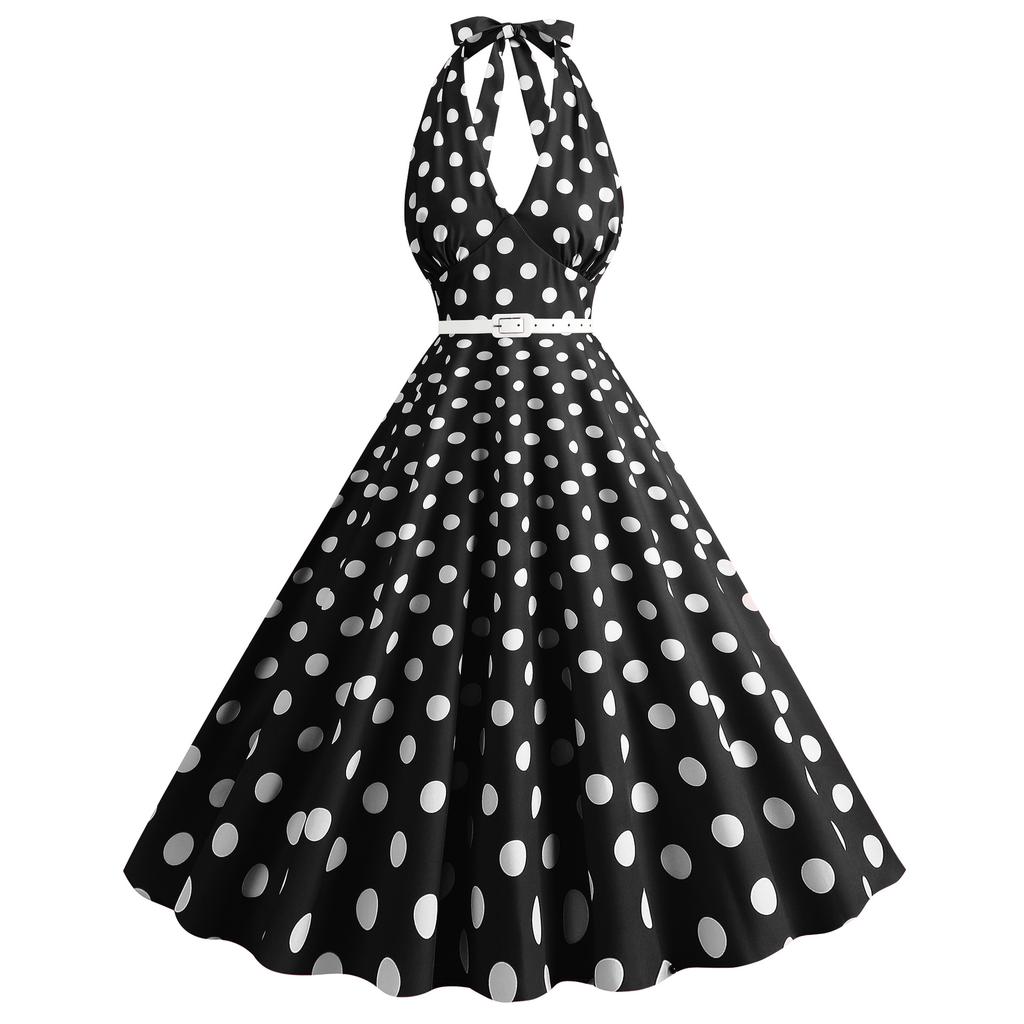 GMXIA Barbie Pink Women's Retro Neckline Polka Dot Print Swing Dress White Leather Belt