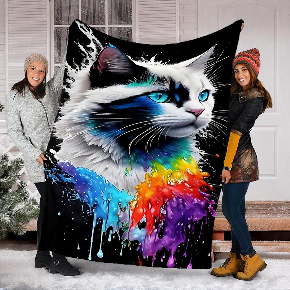 1pc Colorful Cat Outdoor Blanket - Soft Flannel Cozy for Travel & Camping - All-Season Warm Bed Cover, Machine Washable yy251229082