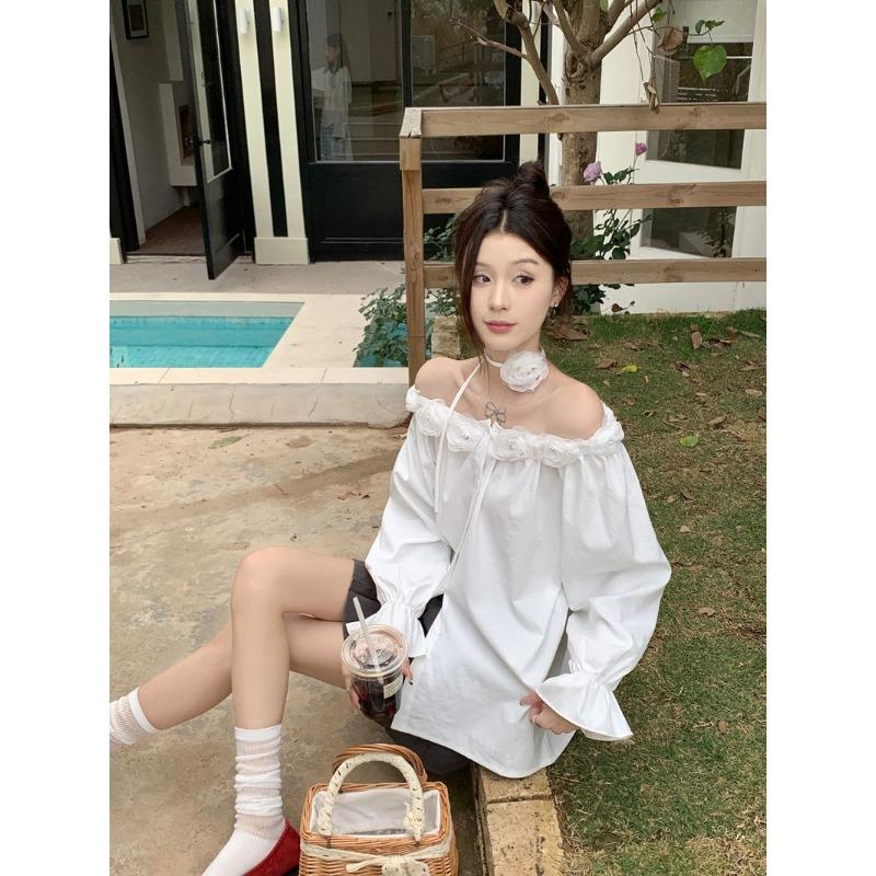 

Милый девичий стиль, дизайнерский сенс, рубашка на одно плечо с цветком для женского весеннего нового приталенного белого топа 2XL белый