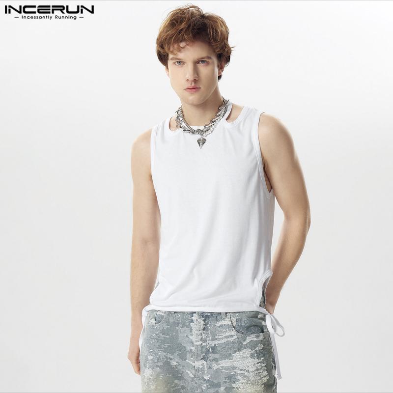

INCERUN Men O Neck Sleeveless Lace Up Irregular Tank Tops Summer Vests