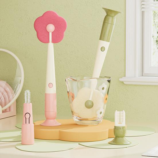 Cleaning Brush with Suction Cup Base Removable Flower Sponge Head Three-in-One Functions Multi-functional Cleaning Brush