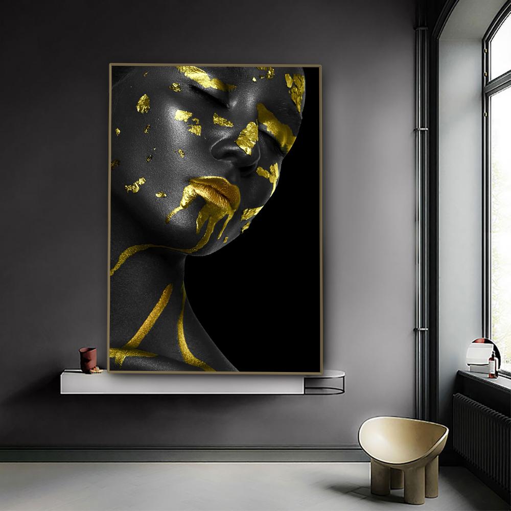 African Black Woman Wall Art Canvas Painting Gold Foil Sexy Girl Portrait Posters and Print Art Pictures for Living Room Decor