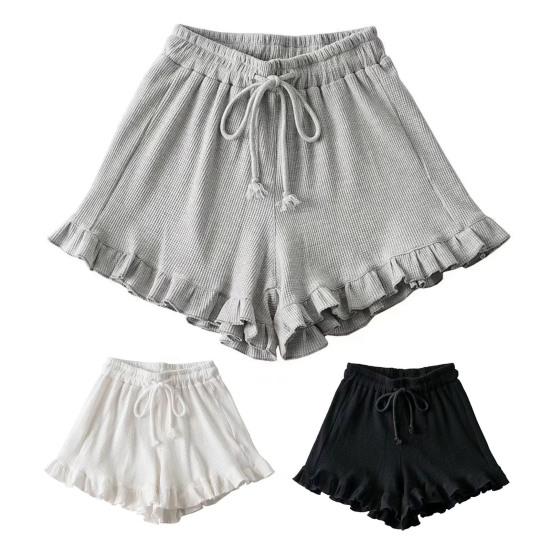 Women's Waffle Knit Shorts Drawstring Elastic Waist Ruffle Shorts Wide Leg Flowy Shorts Lounge Summer Casual Outfit