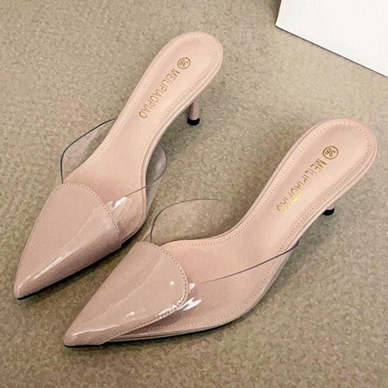 Fashion Transparent PVC Design Brand Slippers Women High Quality Patent Leather Thin Heel Slide Sandals Comfort Tacones Mujer Elegantes