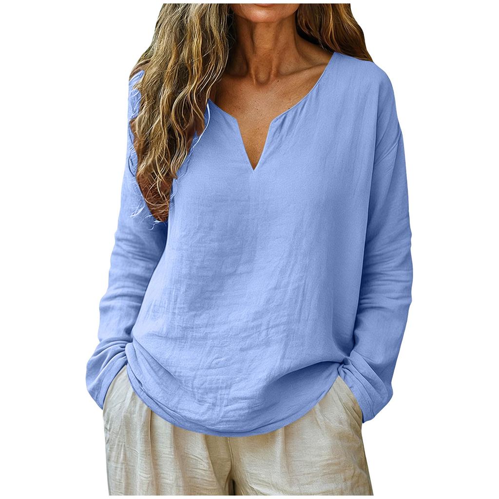Women's Fashionable Loose-Fit -Color Cotton-Linen V-Neck Long-Sleeve Shirt