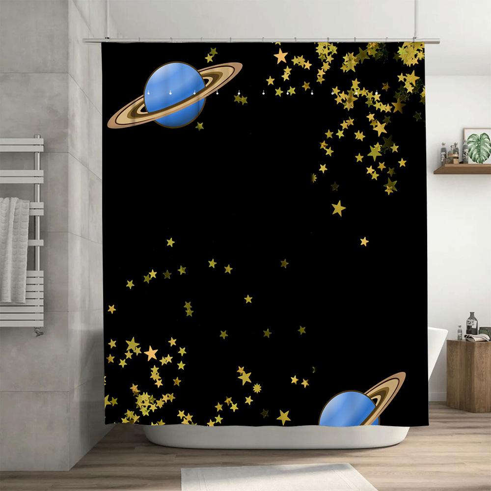 Space-themed Bathroom Decor: Blue Planet with Rings Shower Curtain Featuring Gold Stars for a Cosmic Ambiance In Your Bathtub Ar