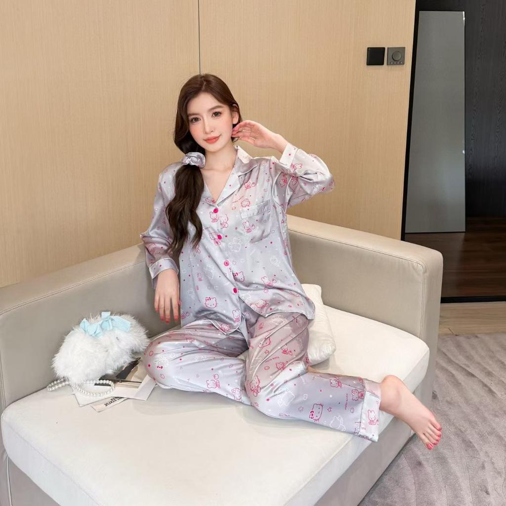 1011 spring and autumn new ice silk pajamas women's sweet wind cartoon long-sleeved cardigan Internet celebrity thin loungewear suit