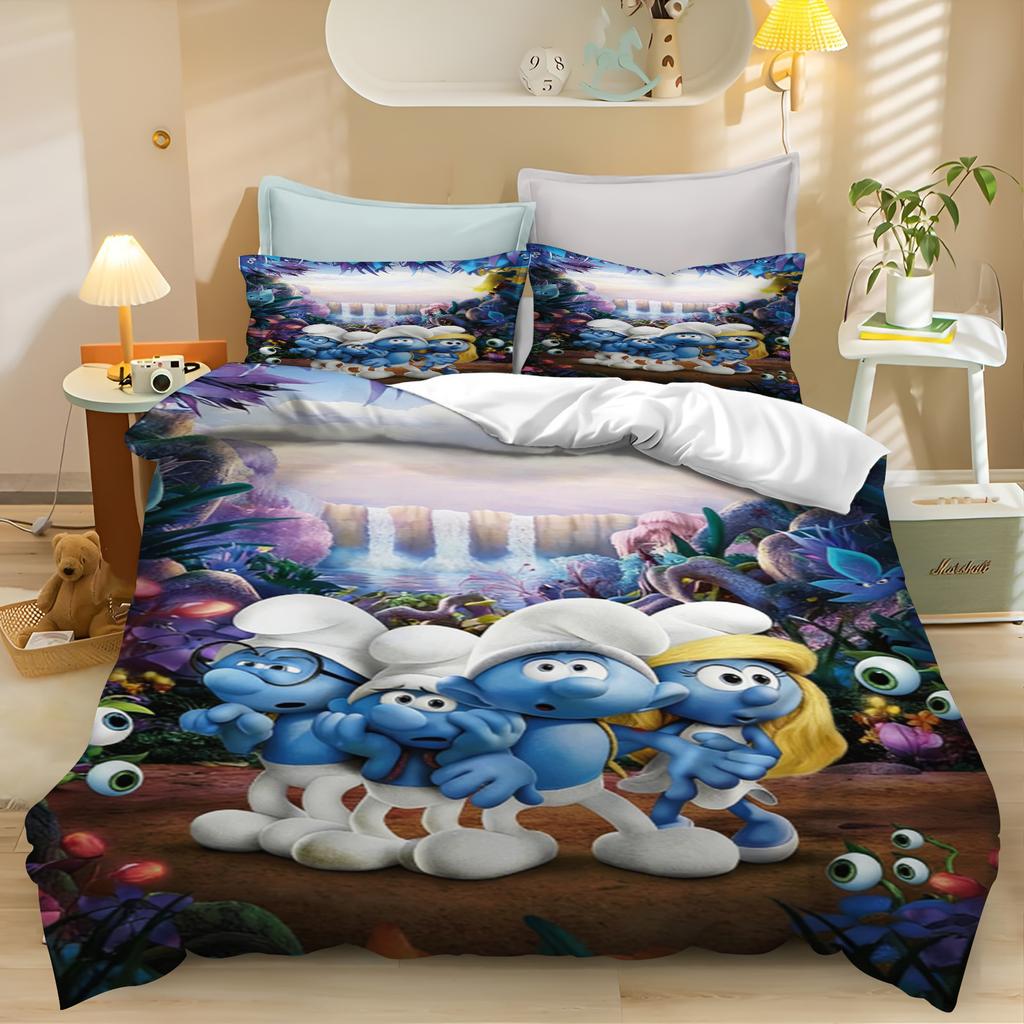 Die Schlümpfe Staffel Anime, Komfort-Bettwäsche für Zuhause und Schlafzimmer, Nordisches Polyester-Material, geeignet für Kinder und Erwachsene, 3-teiliges Set