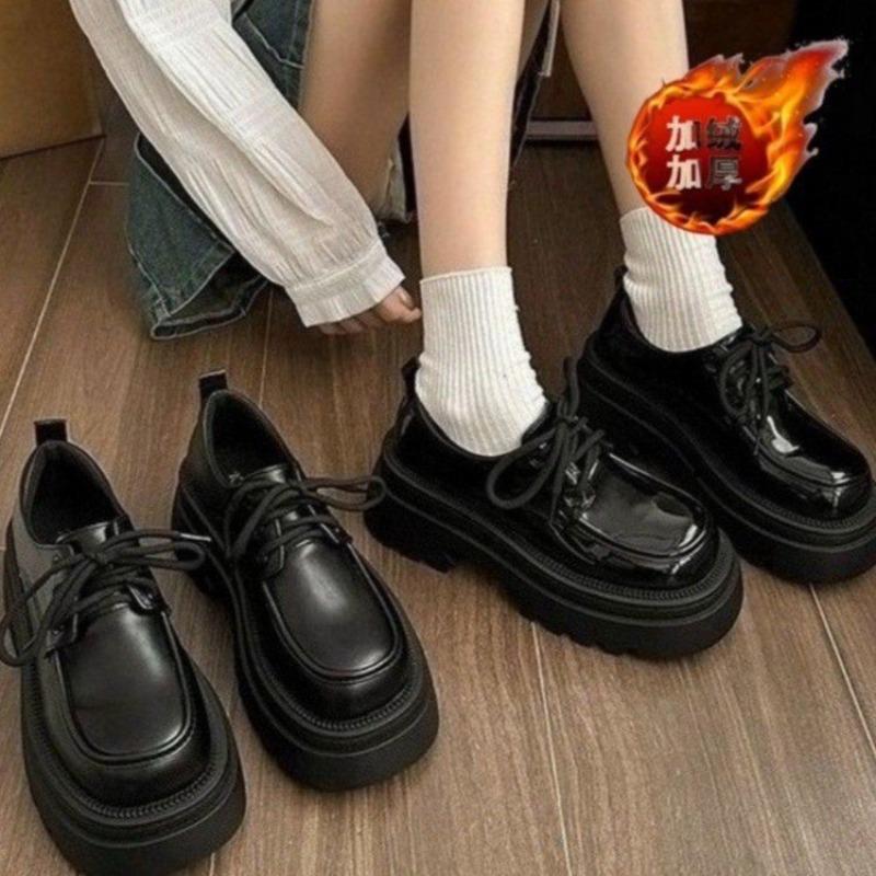 British black platform small leather shoes retro new lace-up piled thickened muffin single shoes increase height