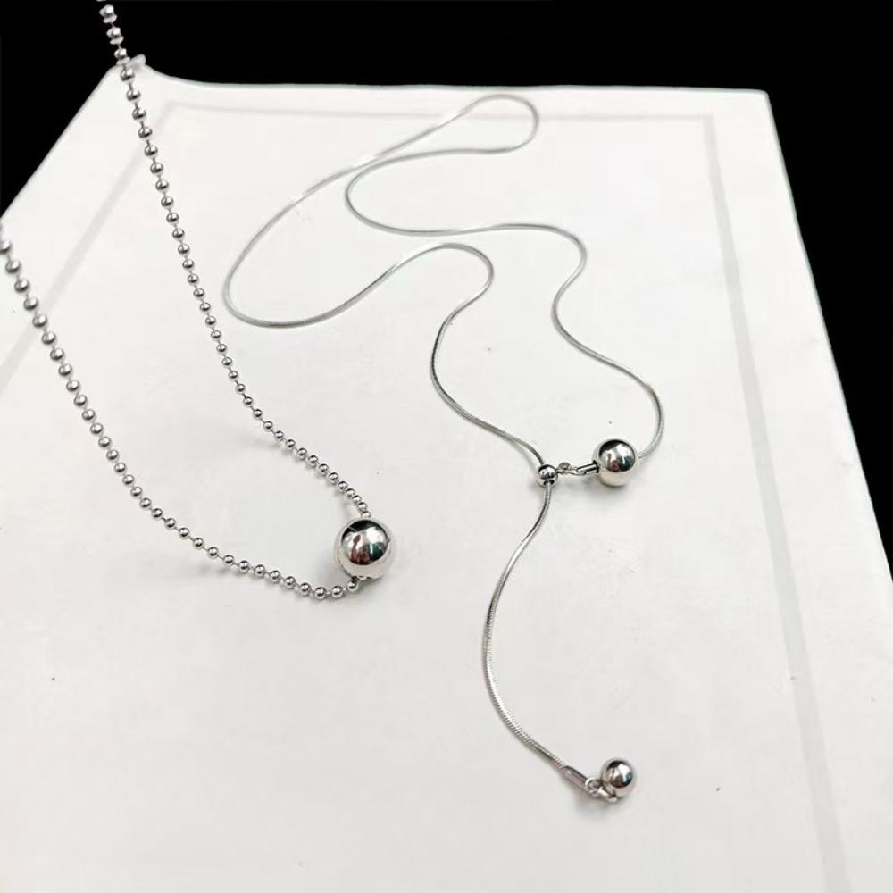 Personality Design Silver Color Stainless Steel Beaded Ball Pendant Necklace for Women Double Layer Hip Hop Rock Chokers Jewelry