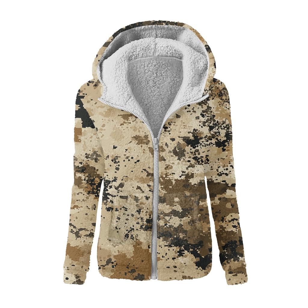 Women's Winter Camouflage Print Casual Fashion Plush Hooded Zipper Sweater Jacket