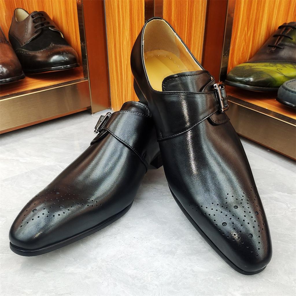 Elegant Black Men's Loafers Dress Formal Suit Shoes Breathable Leather Handmade Monk Style No Slip Adult Footwear