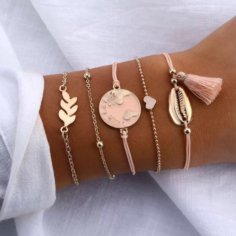 Cross-Border Bestseller: Alloy Tassel Shell Bracelet Set with Drip Oil Bangles - Women s Fashion Jewelry